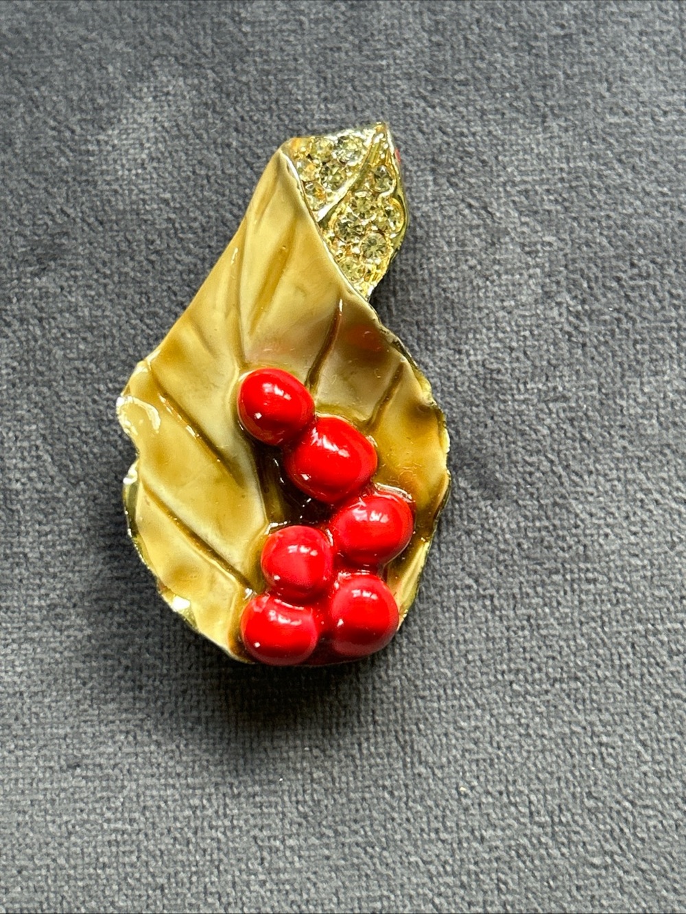 Vintage Leaf Brooch with Red Berry Accents